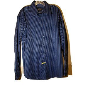 Bugatchi Uomo Men's Sz Large Flip Cuff Navy Blue Striped Shirt 100% cotton